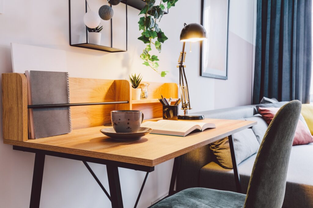 Interior of small apartment living room for home office.