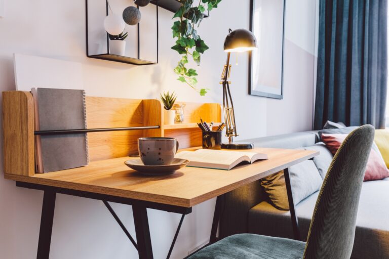 Interior of small apartment living room for home office.