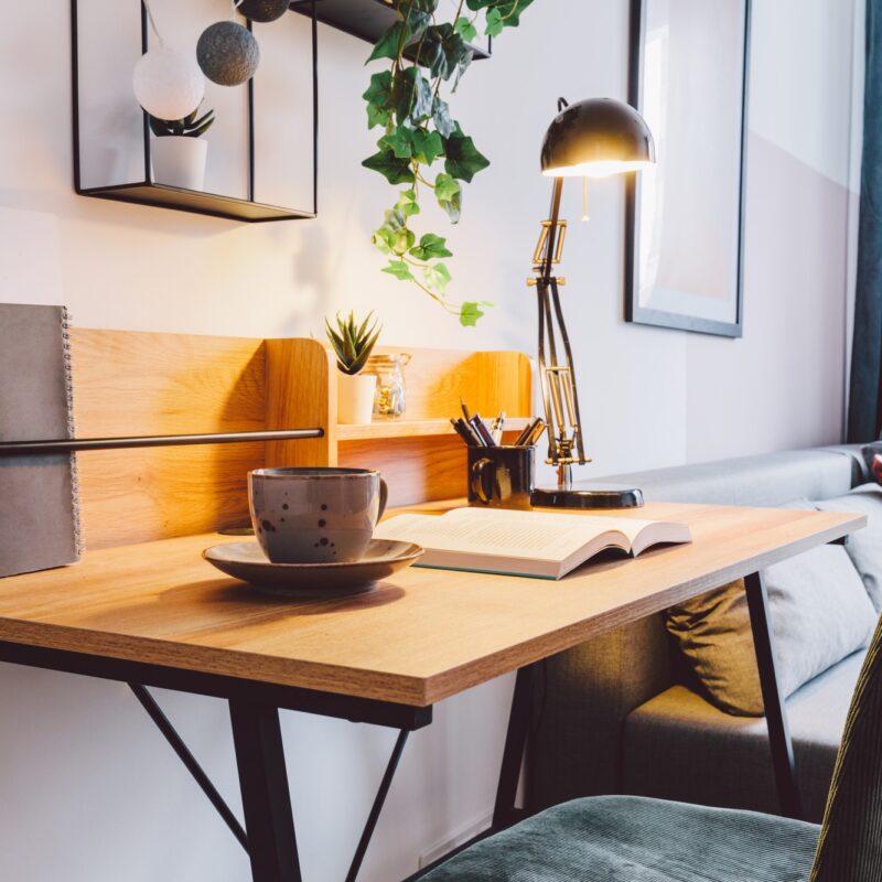 Interior of small apartment living room for home office.