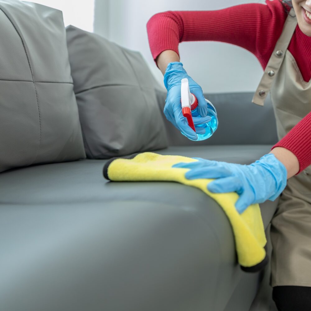 The housekeeper is cleaning the living room inside the house, Cleaning the couch with a towel and sa