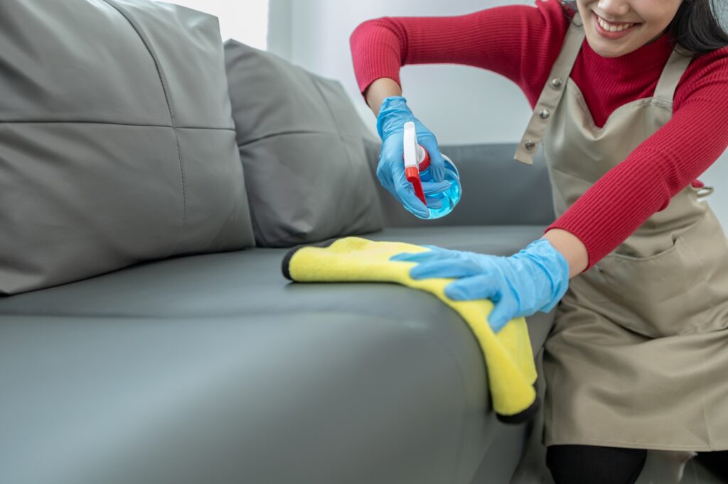 The housekeeper is cleaning the living room inside the house, Cleaning the couch with a towel and sa