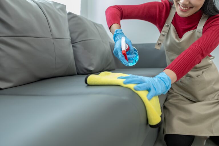 The housekeeper is cleaning the living room inside the house, Cleaning the couch with a towel and sa